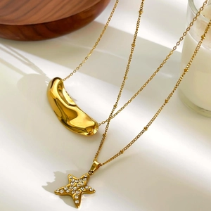 Polished gold stainless steel necklaces with bean pendant and rhinestone star charm set