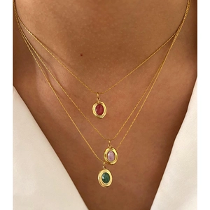Minimalist Stainless Steel Oval Natural Stone Pendant Necklace Fashion Triple Layered Chain Necklaces For Women Jewelry