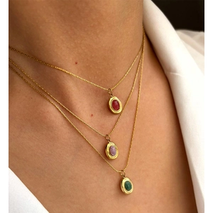 Three-layer 18K gold plated necklace with red, purple, and green emerald cut natural stones
