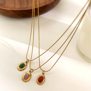 Minimalist 18K gold stainless steel necklaces with oval emerald and gemstone pendants