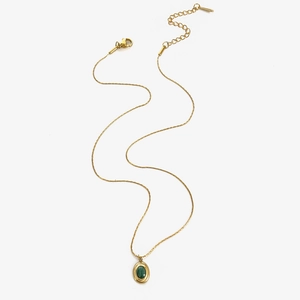 Minimalist 18K gold stainless steel necklace with oval emerald green gemstone pendant