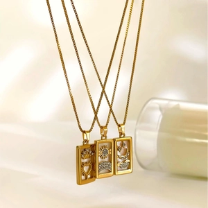 Vintage gold-plated stainless steel tarot necklaces with white shell and crystal charms
