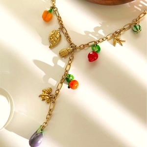 Goldene Edelstahl Y-Halskette mit bunten Fruchtanhängern und Glasperlen