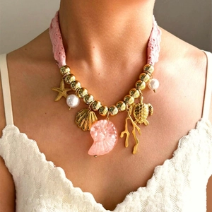 Collana con Pendente in Acciaio Inossidabile Stile Spiaggia Estiva Nastro in Pizzo Rosa Stella Marina Tartaruga Resina Lumaca Perla Artificiale
