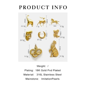 Detailed grid showing golden 316L stainless steel animal brooches with dimensions