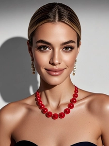 Detailed view of red pearl choker necklace and gold tassel earrings on model