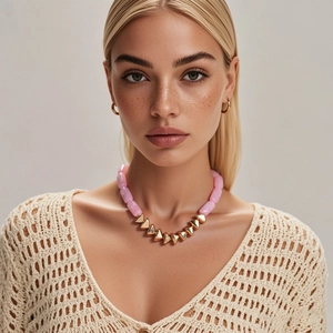 Minimalist pink resin cylinder bead necklace with golden geometric triangle pendants