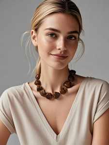 Dettaglio di una collana vintage con grandi perle di resina ambra su una modella