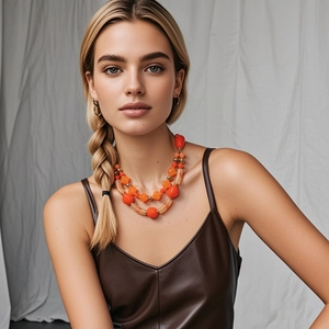 Chunky layered beaded necklace with orange resin beads and simple gold hoop earrings