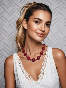 Detail van een vintage kralenketting met grote donkerpaarse kralen en goudaccenten