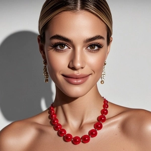 Minimalist set with red pearl choker necklace and gold multi-layer beaded drop earrings