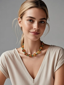 Detail van barnsteen kralenketting met groene tussenkralen en gouden schijfjes