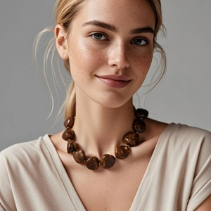 Collana con perle irregolari in finta pietra marrone e dettagli dorati indossata da modella