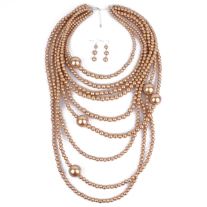 Parure de collier multi-rangs en perles champagne avec boucles d'oreilles assorties