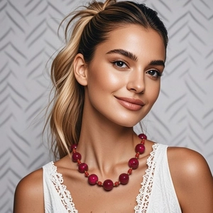 Roodbruine grote kralen ketting met gouden accenten gedragen door een model