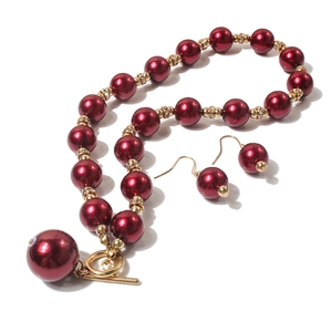 Set collana e orecchini di perle sintetiche bordeaux con dettagli in strass dorati
