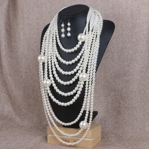 Detail of layered white pearl necklace set with matching drop earrings on a display