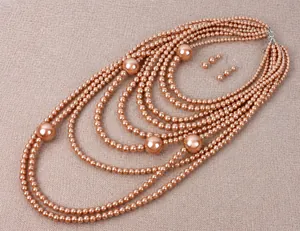 Detail of layered pearl necklace set with bronze chain and matching pearl drop earrings