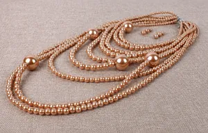 Detailed view of champagne pearl multilayer necklace and matching stud earrings set