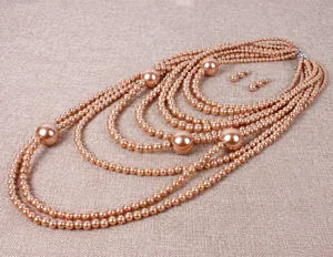 Detail of multilayer champagne pearl necklace set with matching elegant stud earrings