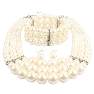 Elegante conjunto de collar multicapa de perlas sintéticas con pedrería y brazalete