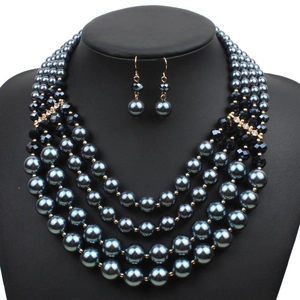 Elegant multi-layer dark grey faux pearl necklace set with black beads and gold accents