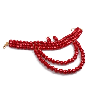 Elegant red multi-layer faux pearl necklace set with matching earrings and gold clasp