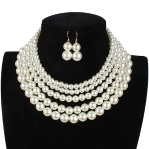 Detail of four-layer faux pearl necklace and matching earrings on a black neck bust