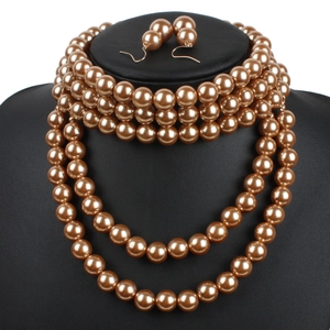 Multilayer champagne faux pearl necklace set with matching hook earrings for women