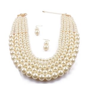 Detail of five-layer pearl necklace and drop earrings set with gold-tone hardware