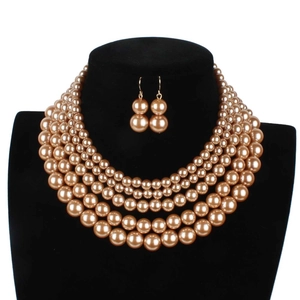 Elegant five-layer champagne faux pearl necklace set with matching double pearl earrings