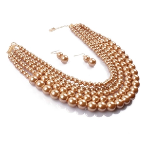Detailed view of layered champagne pearl necklace and matching drop earrings jewelry set