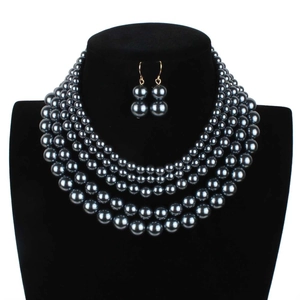 Detail of dark grey multi-layer pearl necklace and earrings set on a black neck bust