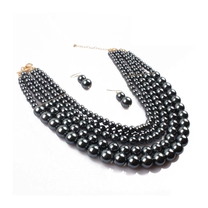 Detail of multi-layer dark grey pearl necklace and matching earrings with gold clasp