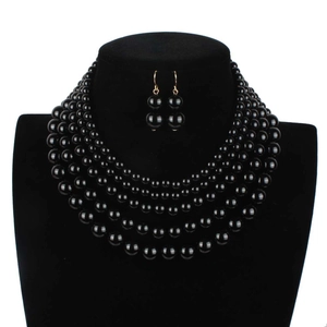 Elegant five-layer black pearl necklace and gold hook earring set on display