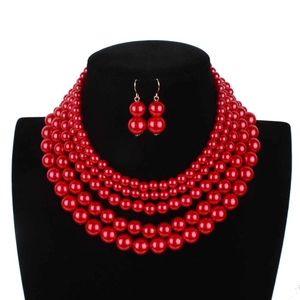 Elegant multi-layer red faux pearl necklace set with matching gold-hook earrings