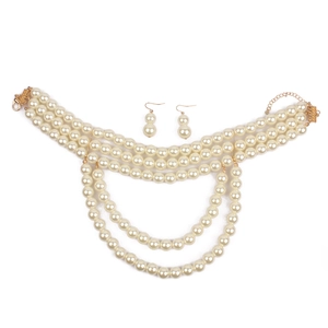 Detail of multi-layer faux pearl necklace set with golden metal connectors and earrings
