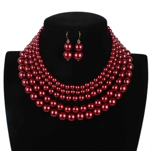 Detail view of multi-layer burgundy faux pearl necklace and matching earrings set