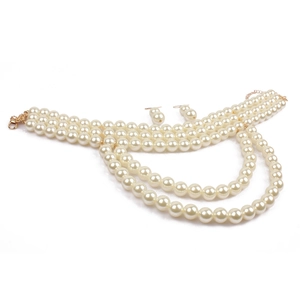 Detail of multi-layer faux pearl choker necklace and matching stud earrings set with gold clasp