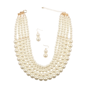 Elegant multi-layer pearl necklace and matching earrings set with gold finish hardware