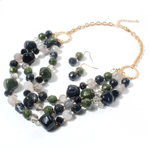 Détail de l'ensemble collier multicouche en perles de résine et boucles d'oreilles