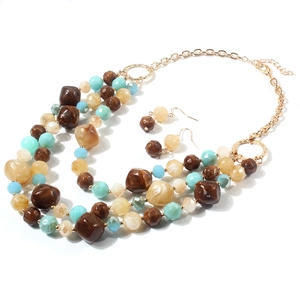 Collier multi-rangs bohème avec grosses perles en résine marron et turquoise