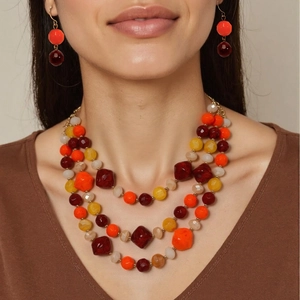 Parure de Bijoux Bohème Collier Multicouche en Perles de Résine Boucles d'Oreilles Assorties en Alliage pour Femme Fête