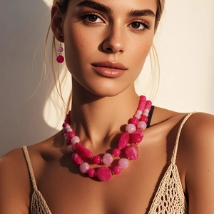 Boheems Dubbellaags Gemarmerde Hars Kraal Ketting En Oorbel Vrouwen Mode Statement Sieraden Voor Vakantie Reizen Feest