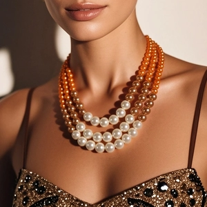 Elegante drielaagse parelketting met een verloop van witte, gouden en oranje kralen