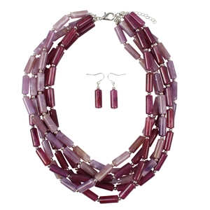 Conjunto de collar de cinco capas de cuentas cilíndricas púrpuras y pendientes