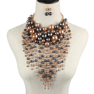 Statement layered faux pearl necklace and earring set with golden fringe tassels
