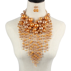 Statement multilayer champagne faux pearl tassel necklace and earrings jewelry set