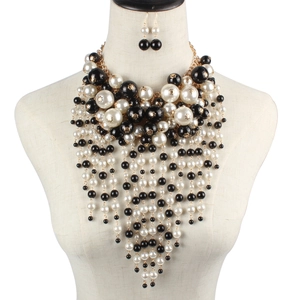 Statement layered fringe faux pearl necklace and matching earrings set for women