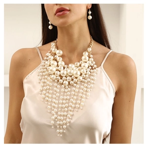 Luxury Exaggerated Multi Layered Faux Artificial Pearl Tassel Necklace And Earrings Set Alloy Gold Plated Statement Jewelry For Women Party